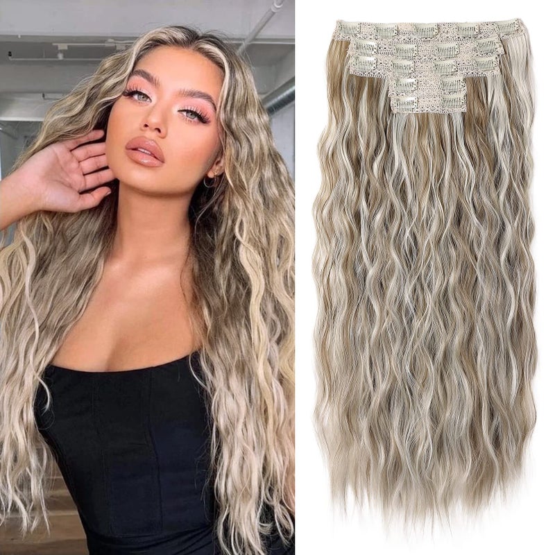 Hair Extensions REECHO Brown Clip in Hair Extensions 24 Thick Long Loose Waves hair extensions HE002 Invisible Lace Weft Natural Soft Hairpieces for Women  Ash Brown with Platium Highlights